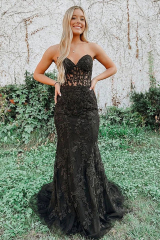 Black Strapless Mermaid Prom Dress With Lace Appliques
