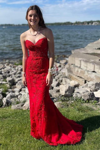 Black Strapless Mermaid Prom Dress With Lace Appliques