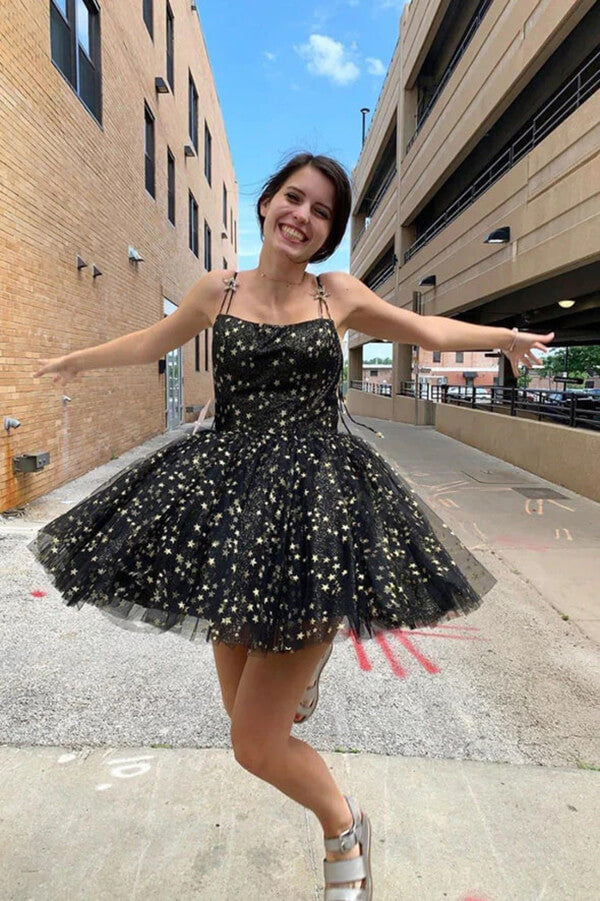 Black Tulle A-line Spaghetti Straps Short Homecoming Dresses With Stars