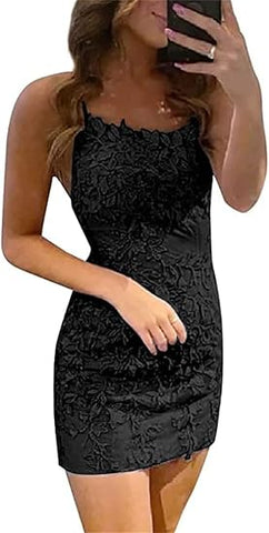 Vestidos cortos de fiesta sin mangas, de encaje azul, con tirantes finos y corte recto. 