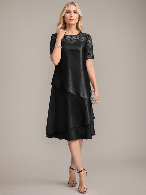 Vestido de corte A, escote redondo, largo hasta la rodilla, para la madre de la novia, con apliques y lentejuelas. 