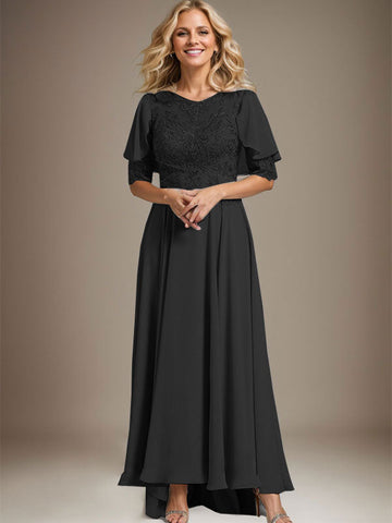A-line Scoop Illusion Asymmetrical Chiffon Lace Mother of the Bride Dress With Beading