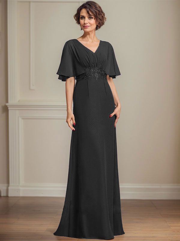 Vestido de corte A, escote en V, largo hasta el suelo, de gasa, para la madre de la novia, con apliques de lentejuelas plisadas y encaje.