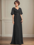 Vestido de corte A, escote en V, largo hasta el suelo, de gasa, para la madre de la novia, con apliques de lentejuelas plisadas y encaje.
