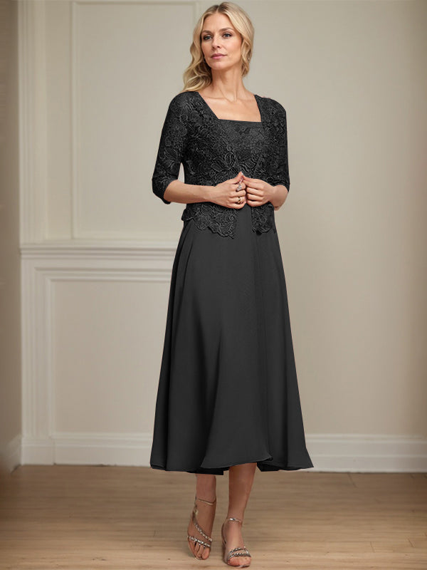 Vestido de corte A, largo midi, de gasa, encaje y lentejuelas para la madre de la novia. 