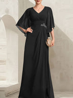 Vestido de corte recto/columna, escote en V, largo hasta el suelo, de gasa, para la madre de la novia, con lentejuelas plisadas y pedrería.