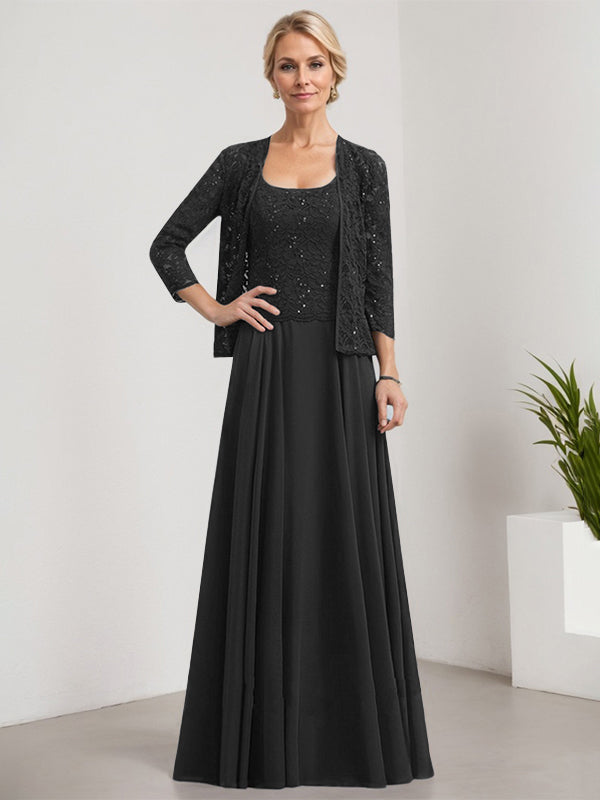 Vestido de corte A, cuadrado, largo hasta el suelo, de encaje y gasa con lentejuelas para la madre de la novia 
