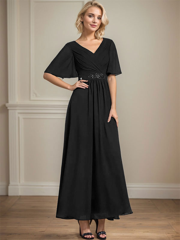 Robe de mère de la mariée en mousseline de soie, coupe trapèze, col en V, longueur cheville, ornée de sequins et de perles plissées