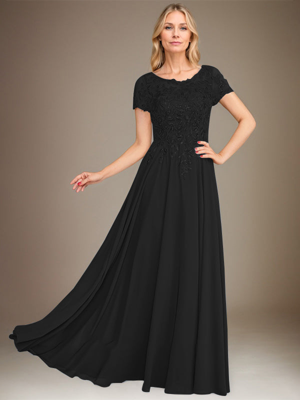 Vestido de corte A, escote redondo, largo hasta el suelo, de gasa, para la madre de la novia, con apliques y lentejuelas. 