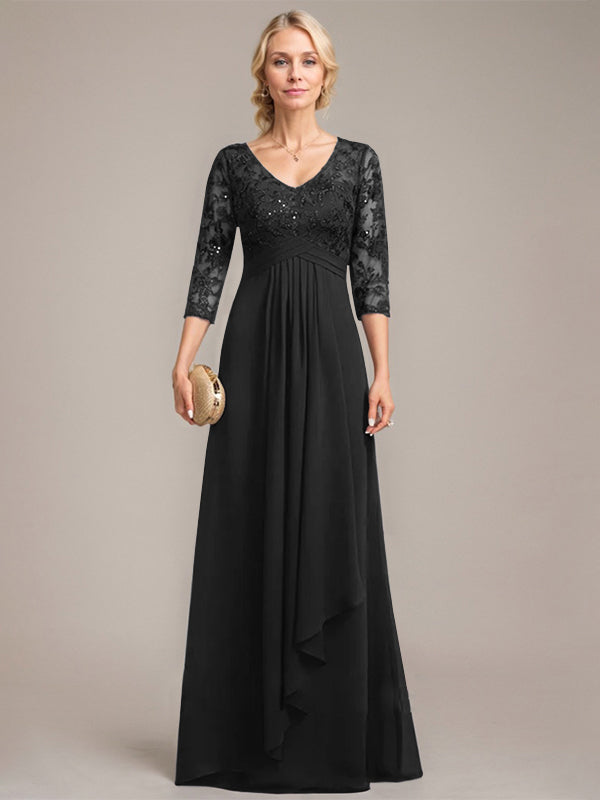 Vestido de novia de corte línea A, escote en V, largo hasta el suelo, de gasa de encaje con volantes en cascada y lentejuelas. 