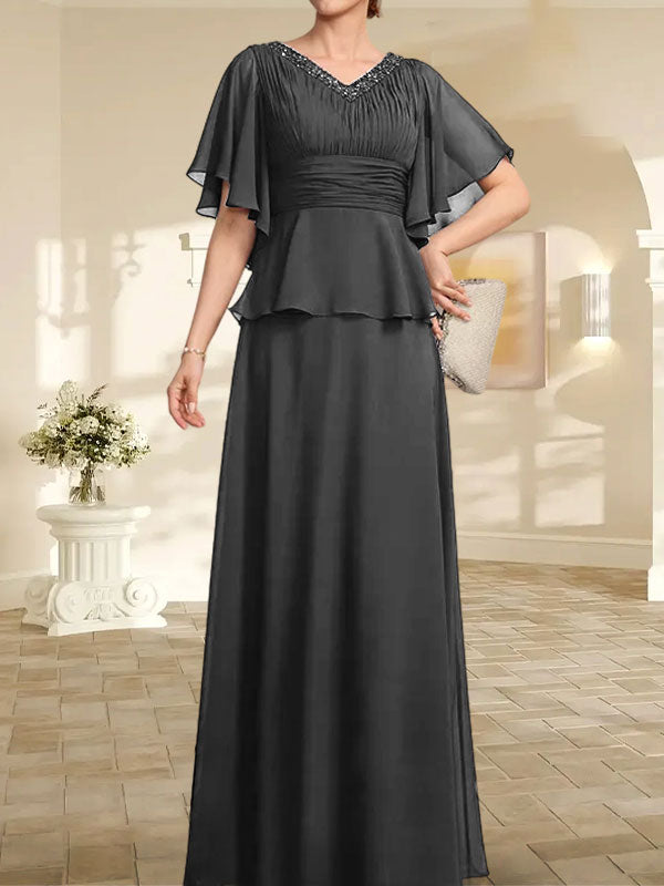 Vestido de gasa de corte A, escote en V, largo hasta el suelo, para la madre de la novia, con plisados ​​y cuentas.
