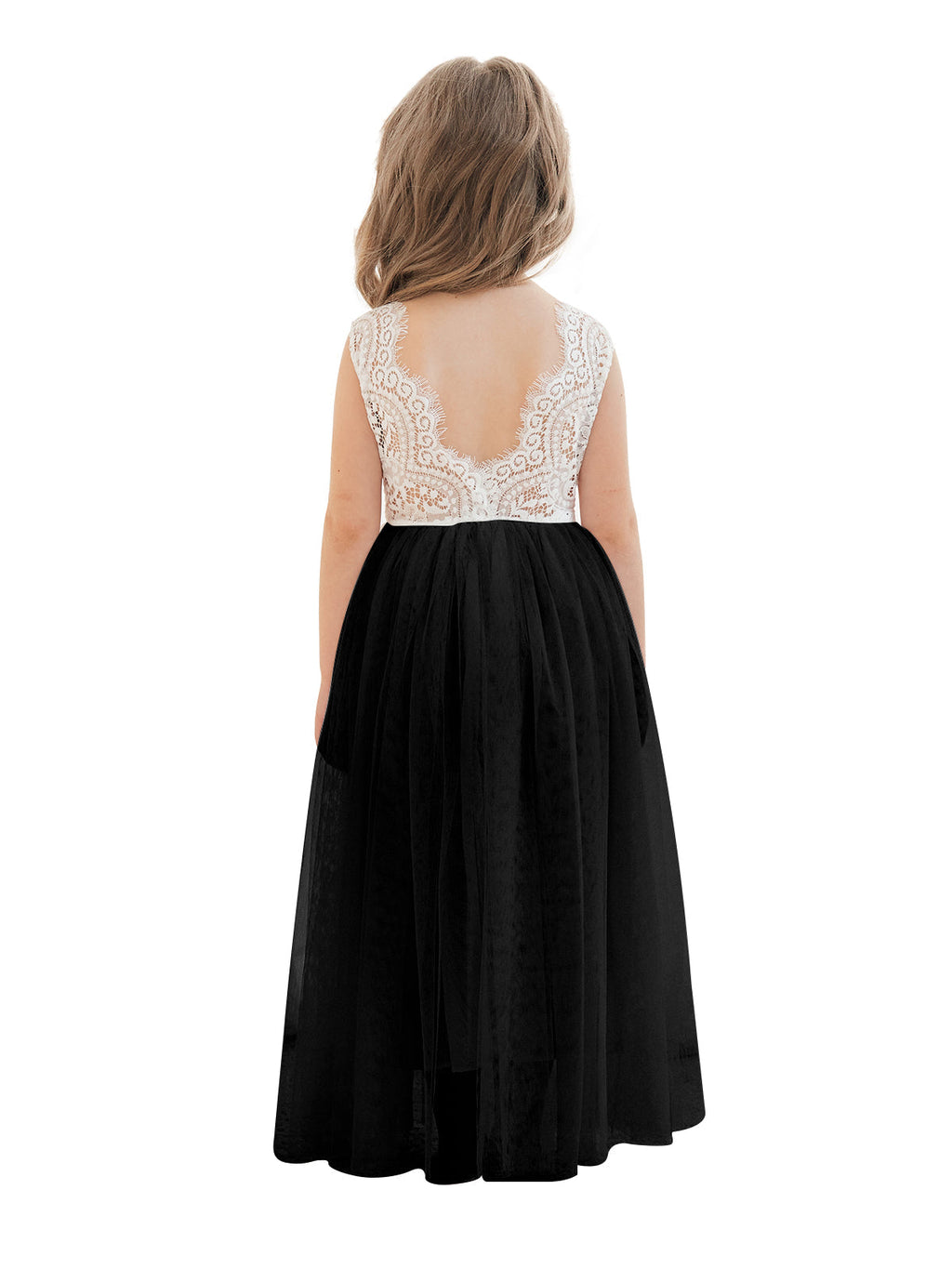Vestido blanco de tul y encaje de corte A hasta el tobillo (2003227597) 