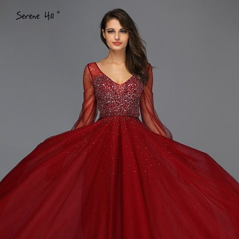 Blau Langen Ärmeln A-Line Abend Dressese Design 2025 V-ausschnitt Perlen Kristall Abendkleider Lange LA70143