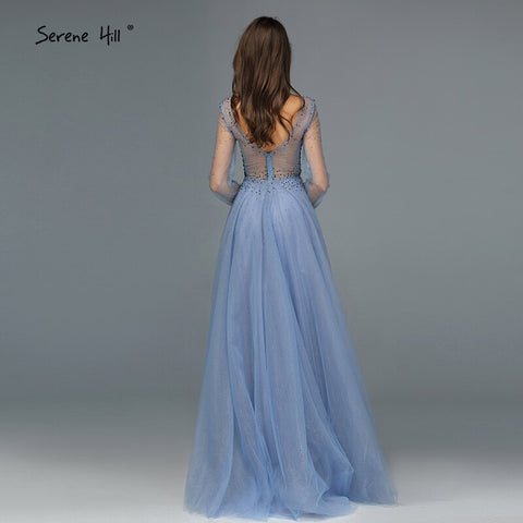 Blau Langen Ärmeln A-Line Abend Dressese Design 2025 V-ausschnitt Perlen Kristall Abendkleider Lange LA70143