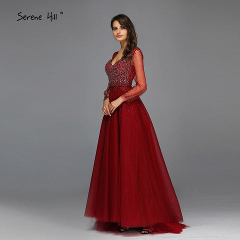 Blau Langen Ärmeln A-Line Abend Dressese Design 2025 V-ausschnitt Perlen Kristall Abendkleider Lange LA70143