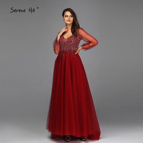 Blau Langen Ärmeln A-Line Abend Dressese Design 2025 V-ausschnitt Perlen Kristall Abendkleider Lange LA70143