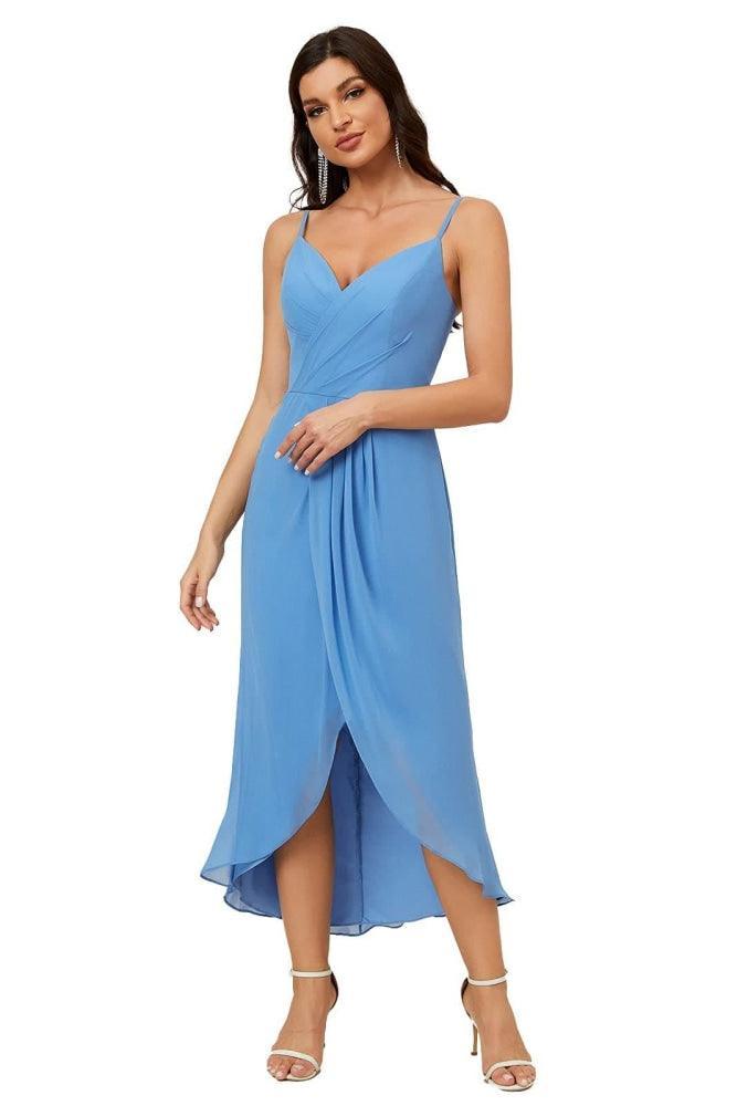 Vestido de dama de honor de gasa con escote en V y abertura media, vestido formal de fiesta, vestido de bienvenida 2803 