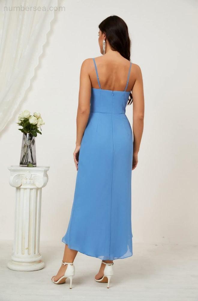 Vestido de dama de honor de gasa con escote en V y abertura media, vestido formal de fiesta, vestido de bienvenida 2803 