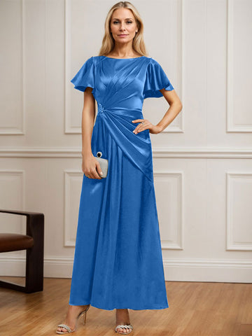 A-line Scoop Ankle-Length Stretch Satin Mother of the Bride Dress With Pleated Beading