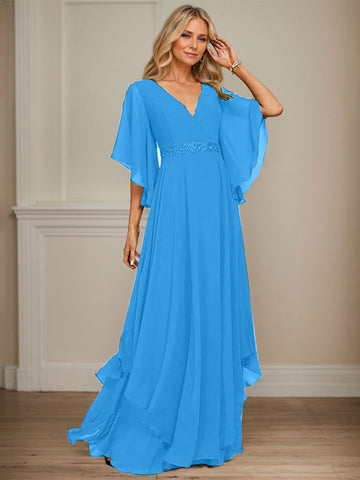 Vestido de corte A, escote en V, largo hasta el suelo, de gasa, para la madre de la novia, con apliques de lentejuelas, encaje y pedrería. 