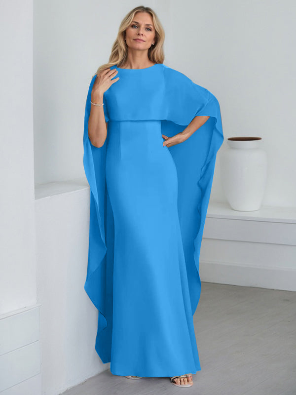 Robe fourreau longue en mousseline de soie pour la mère de la mariée, ornée de volants cascade, avec décolleté arrondi. 