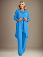 Tailleur-pantalon en mousseline à manches longues et col rond pour la mère de la mariée, avec veste 