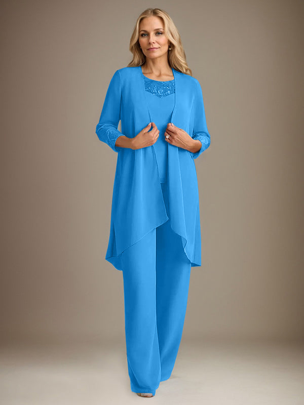 Traje pantalón de gasa con escote redondo y mangas largas para la madre de la novia, con chaqueta. 