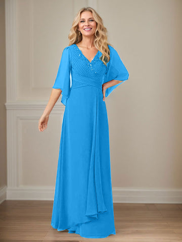 A-Line V-Neck Long Sequins Chiffon Mother Dress