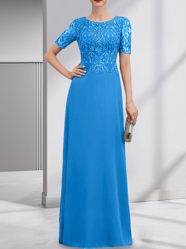Vestido de novia de corte línea A, escote redondo, largo hasta el suelo, de encaje y gasa con lentejuelas.