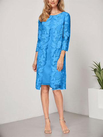 Vestido de corte A, escote redondo, largo hasta la rodilla, de gasa y encaje, para la madre de la novia, con chaqueta. 