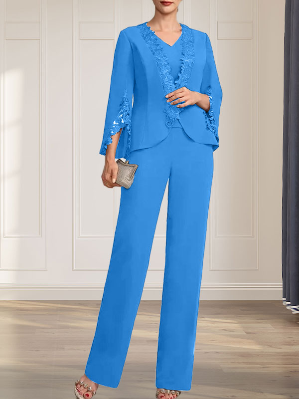 Combinaison/Tailleur-pantalon deux pièces, robe longue en mousseline à col V pour la mère de la mariée