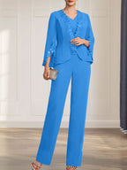 Combinaison/Tailleur-pantalon deux pièces, robe longue en mousseline à col V pour la mère de la mariée