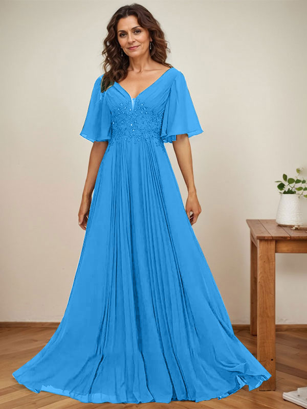 Vestido de corte A, escote en V, largo hasta el suelo, de gasa, para la madre de la novia, con apliques de lentejuelas y encaje plisado. 