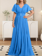 Vestido de gasa de corte A, escote en V, largo hasta el suelo, para la madre de la novia, con broche de cristal y pliegues. 