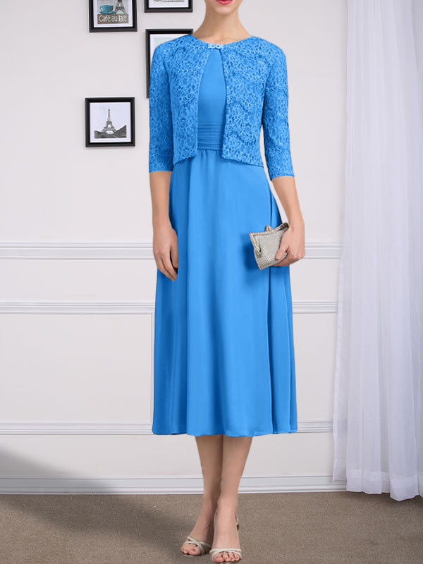 Vestido de chifón de corte línea A, largo té, para la madre de la novia, con escote redondo y pliegues.