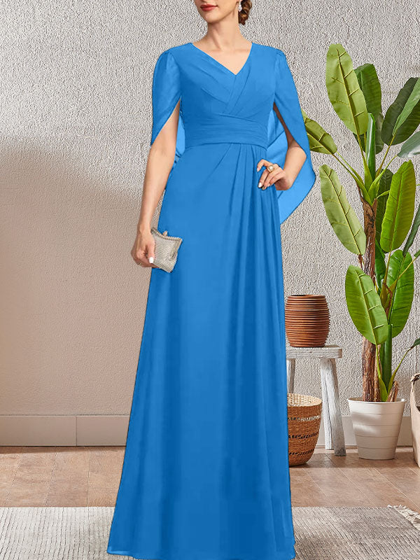 Vestido largo azul marino oscuro de corte A con escote en V para la madre de la novia