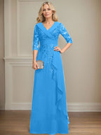 Vestido de novia de corte línea A, cuello en V, largo hasta el suelo, de encaje y gasa, con lentejuelas y volantes en cascada. 