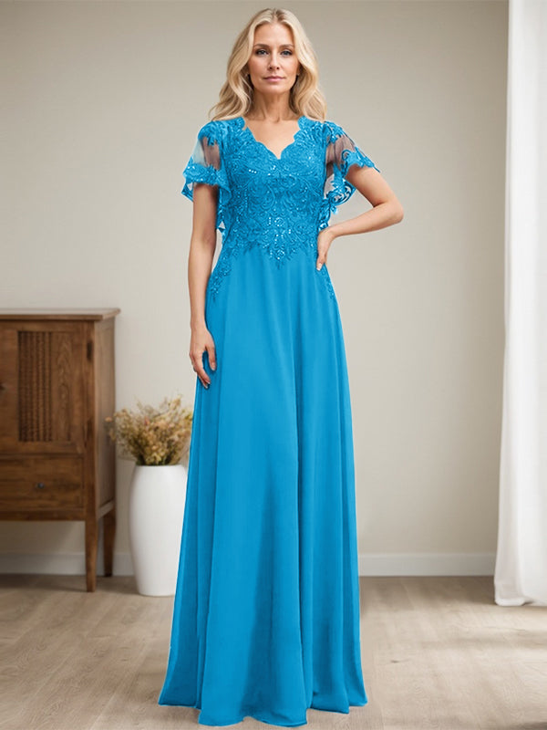 Vestido de novia de corte A, escote en V, largo hasta el suelo, de gasa de encaje con lentejuelas para la madre de la novia 