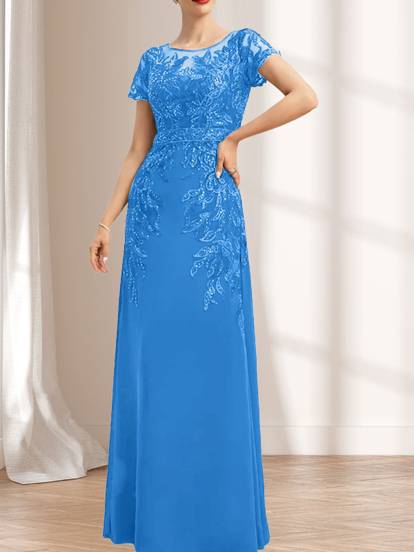 Robe de mère de la mariée en mousseline de dentelle, coupe fourreau/colonne, décolleté illusion, longueur au sol, ornée de sequins