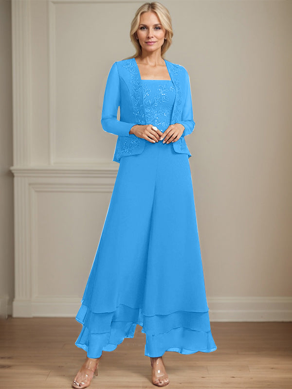 Conjunto de pantalón y chaqueta de dos piezas, corte cuadrado, largo hasta el tobillo, encaje, gasa, vestido de madre de la novia con lentejuelas 