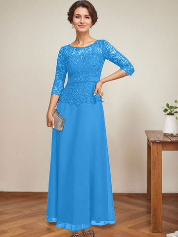 A-line Scoop Illusion Ankle-Length Chiffon Lace Mother of the Bride Dress With Rhinestone Beading
