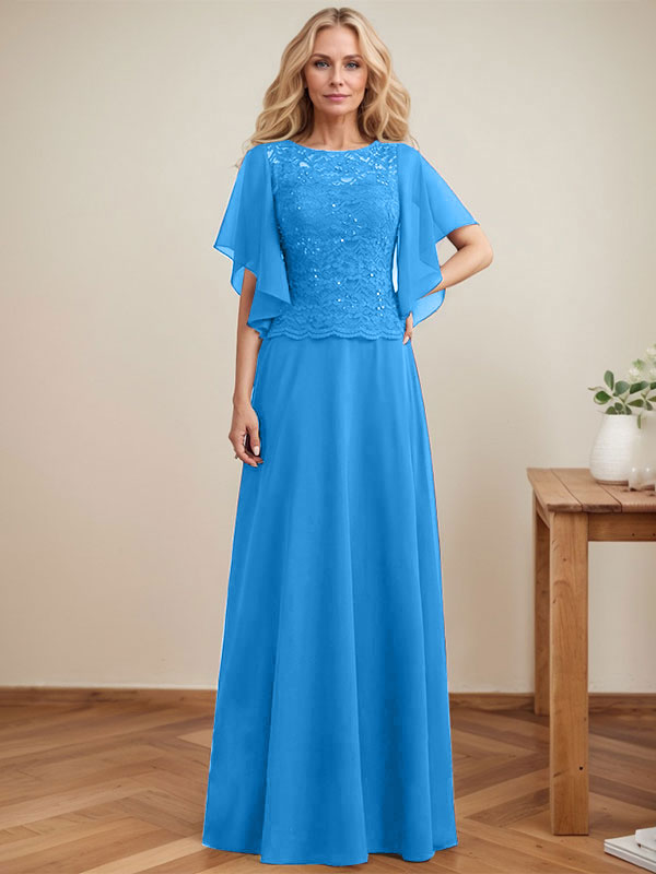 Vestido de novia de corte A, escote redondo, ilusión, largo hasta el suelo, de encaje y gasa con lentejuelas. 
