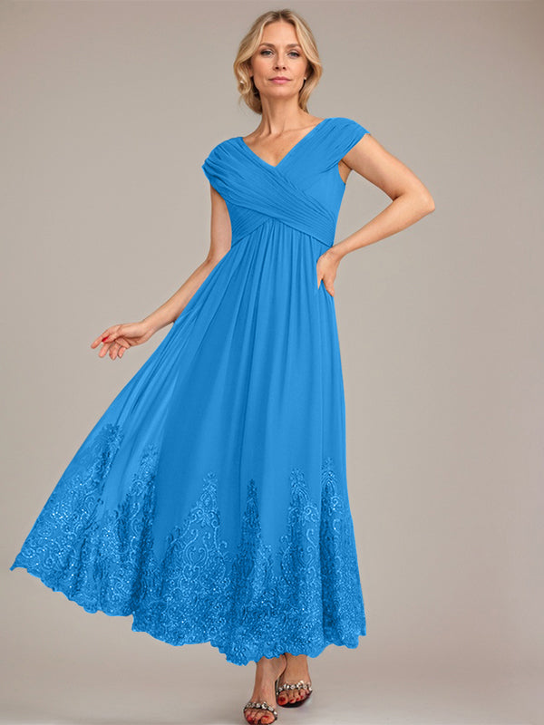 Vestido de gasa de corte evasé, escote en V, largo hasta el tobillo, para la madre de la novia, con apliques de lentejuelas. 