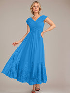 Vestido de gasa de corte evasé, escote en V, largo hasta el tobillo, para la madre de la novia, con apliques de lentejuelas. 