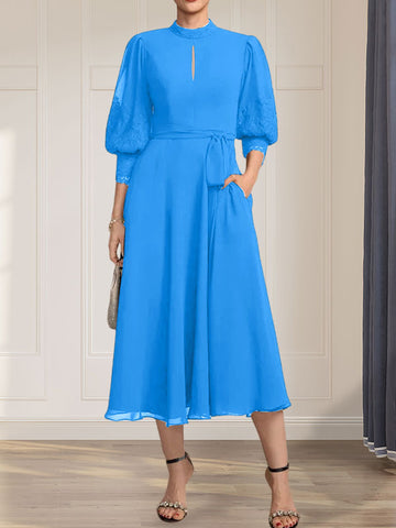 A-line High Neck Tea-Length Lace Chiffon Mother of the Bride Dress With Bow