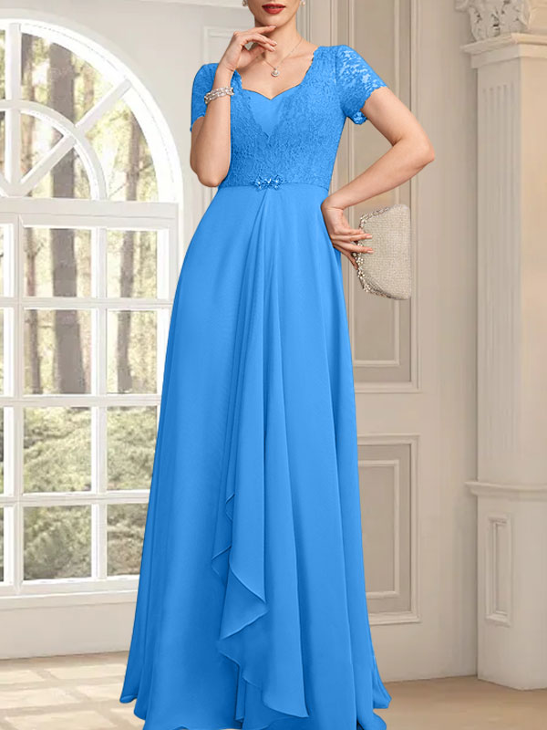 Vestido de corte A, escote corazón, largo hasta el suelo, de gasa, encaje, con cuentas y volantes en cascada para la madre de la novia.
