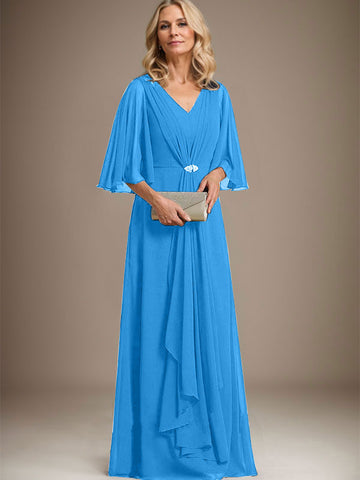 A-line V-Neck Floor-Length Chiffon Mother of the Bride Dress With Cascading Ruffles Crystal Brooch