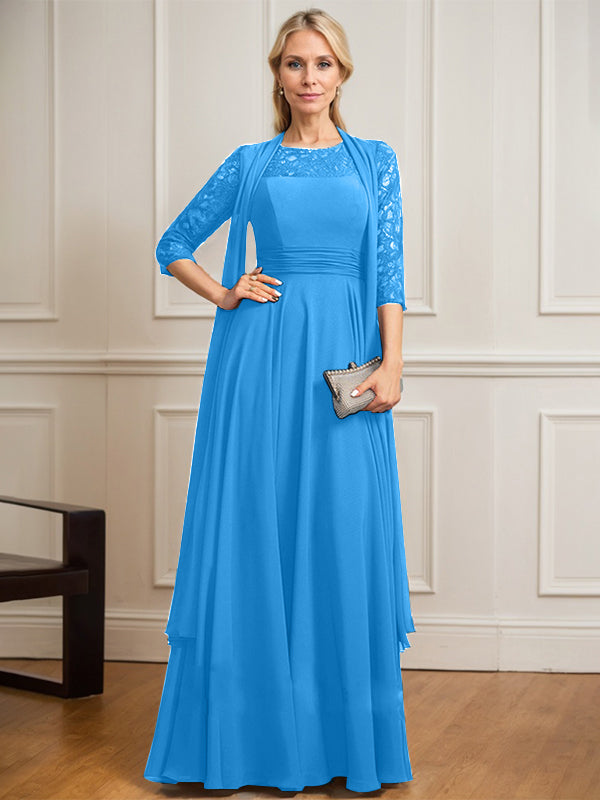 Robe de mère de la mariée en mousseline de dentelle, coupe trapèze, décolleté plongeant illusion, longueur au sol, avec plis. 