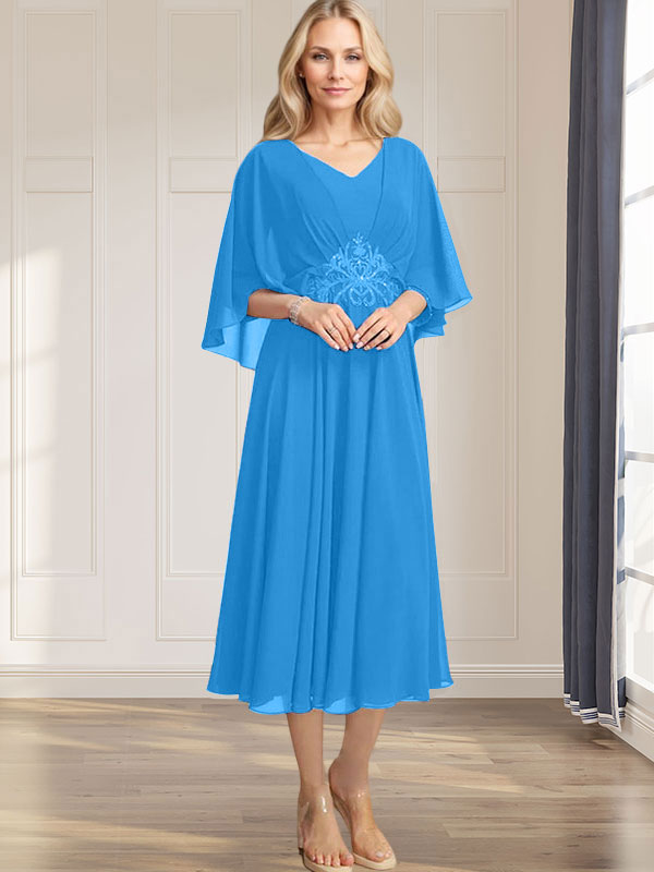 Vestido de corte A, escote en V, largo té, de gasa, para la madre de la novia, con apliques de lentejuelas plisadas, encaje y cuentas. 