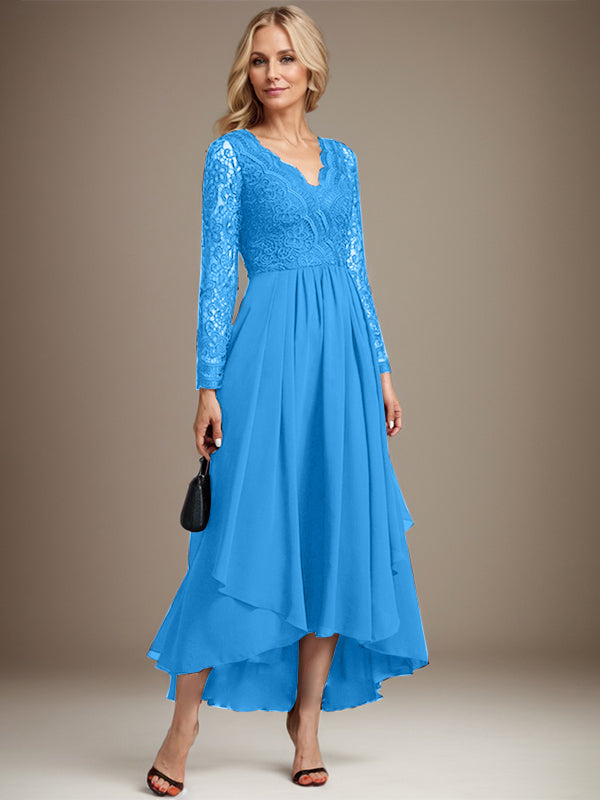 Vestido de novia de gasa con encaje asimétrico, escote en V y corte en A para la madre de la novia 